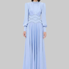 Classic Jersey Button Rhinestone A-line High Collar Long Dress