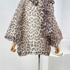 Linen Silk Bow Tie Turtleneck Brown Leopard Print Full Lantern Sleeve Top