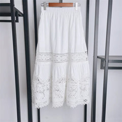 Embroidery Hollow Out Set O-Neck Sleeveless Single Breasted Blouse or Sweet A-Line Midi Skirt Set