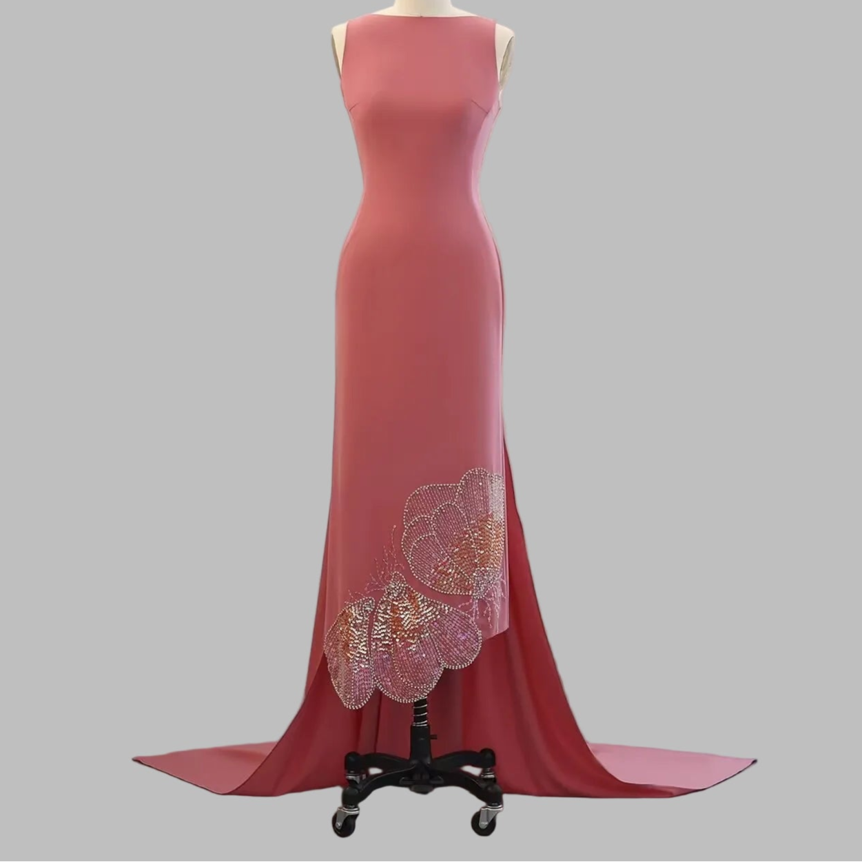 Elegant Coral Pink Scalloped Butterfly Beaded Evening Dress Knot Bene Elegant Coral Pink Scalloped Butterfly Beaded Evening Dress Knot Bene