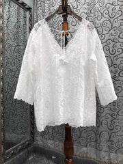 Lace Blouse White Deep V-Neck Embroidery Loose Lace Top