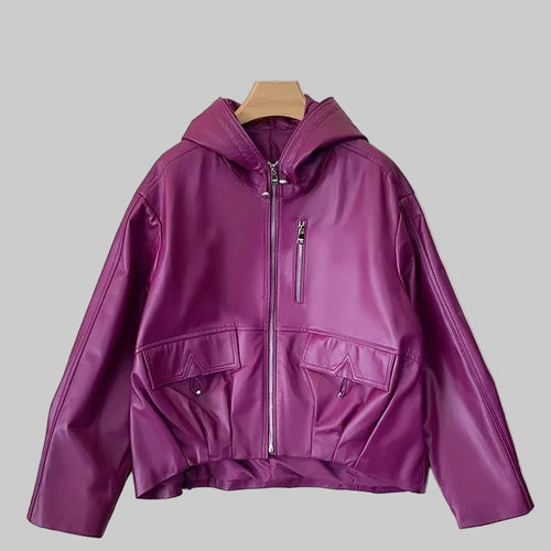 Genuine Leather Loose Hooded Jacket