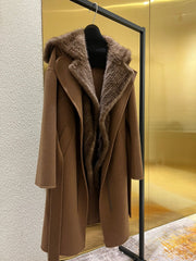 Mink  detachable fur collar knee length  cashmere coat