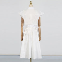 Hollow Out Chic Two Piece Sets Lapel Short Sleeve Spliced Button Tops High Waist Long Skirt Elegant Set