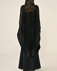 Jersey Rhinestone Beading Sequined Draped Straight O-Neck Long Dress