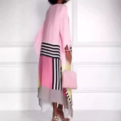 Retro Striped Print Patchwork Irregular Spring Batwing Sleeve Loose Long Dress