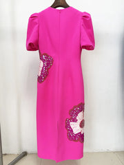 Beaded Sequin Three-Dimensional Flower Short Sleeved Midi Dress