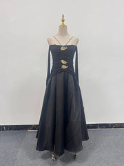 Elegant Patchwork Metal Strapless Off Shoulder Sleeve High Waist Dress
