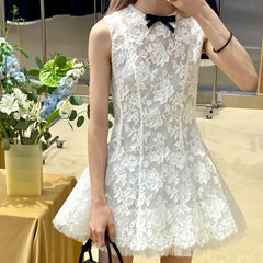 Fluffy sleeveless chic bow decorated lace mesh A-line waisted dress