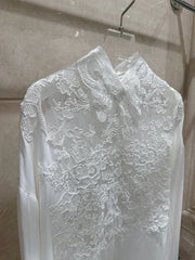 Hollow Out Lace Embroidery Turn-down Collar Single Breasted Long Sleeve Silk Top
