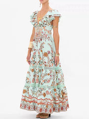 Vintage Print Fly-sleeve V-neck elastic high-waisted dress