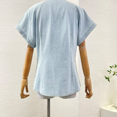 Blue Short Sleeve Jeans Denim Blouse Tops and Midi Skirt Set