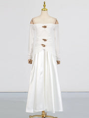 Elegant Patchwork Metal Strapless Off Shoulder Sleeve High Waist Dress