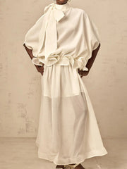 Solid Loose Spliced Bow Tunic Half High Neck Short Sleeves Patchwork Ruffles Dress