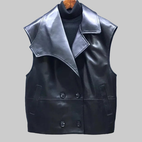 Mink Fur Collar Spliced Leather Cashmere Cardigan Jacket