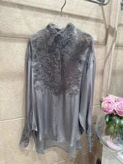 Hollow Out Lace Embroidery Turn-down Collar Single Breasted Long Sleeve Silk Top