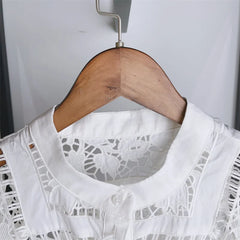 Embroidery Hollow Out Set O-Neck Sleeveless Single Breasted Blouse or Sweet A-Line Midi Skirt Set