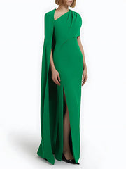 Floor Length Gown Draped Cape One Shoulder With High Slit Dress