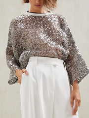 Heavy Fish Scale Sequins Hollow Round Neck Long Sleeve Top