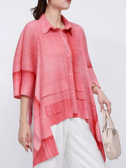 Solid Straight Grid Stand Collar Long Sleeve Patchwork Button Top