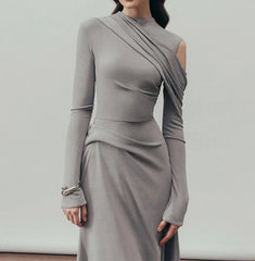 O-neck Hollow Out Pleated High Waist Elegant Knitted Dress