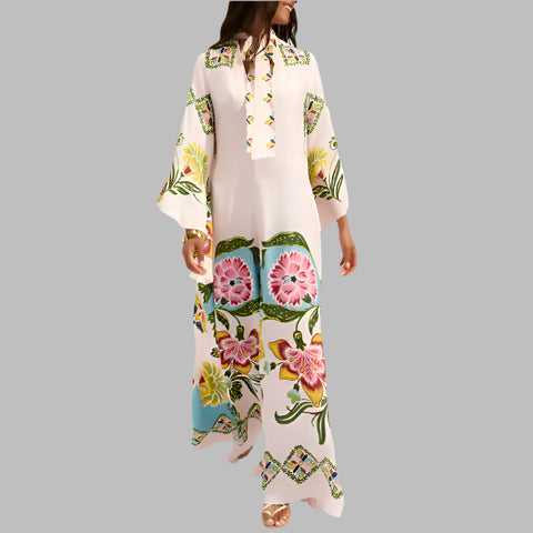 Lantern Long Sleeve Flower Printed Long Dresses With Belt