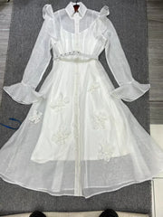 Solid Color Patchwork 3D Flowers Stand Collar Flare Sleeve High Waist Spliced Sashes Midi Dress