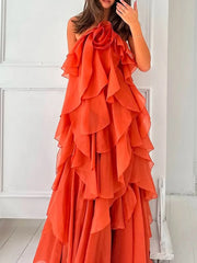 Solid Spliced Ruffles Halter Sleeveless High Wasit Backless Loose Dress