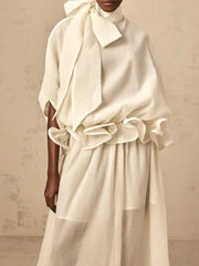 Solid Loose Spliced Bow Tunic Half High Neck Short Sleeves Patchwork Ruffles Dress