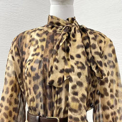 Leopard High Quality Full Lantern Sleeve Lace-up Bow Belted Vintage Midi Dresses