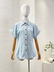 Blue Short Sleeve Jeans Denim Blouse Tops and Midi Skirt Set