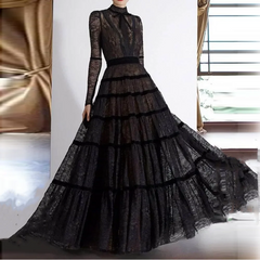 Elegant Black A-line Luxury Lace Tiered Dress