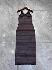 Striped Sequined Round Neck Sleeveless Elegant Slim Knitted Maxi Dress
