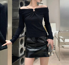 One-shoulder Chain Silver Silk Top