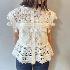 Embroidery Hollow Out Set O-Neck Sleeveless Single Breasted Blouse or Sweet A-Line Midi Skirt Set