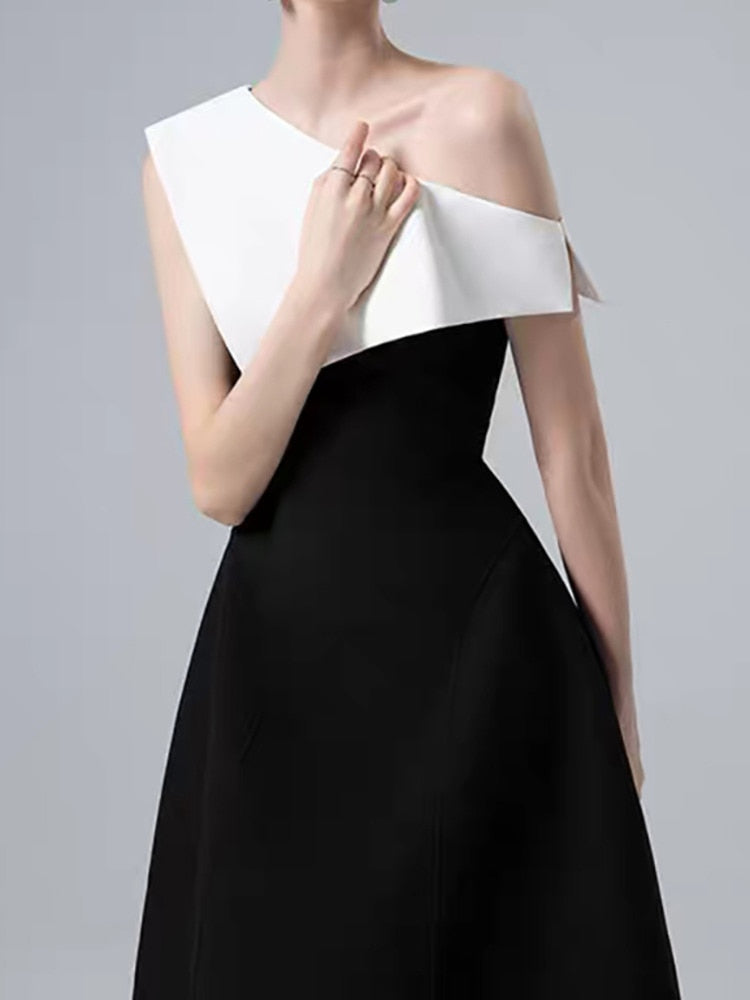 Diagonal Collar Sleeve Patchwork Contrast Color Waist Elegant Dress