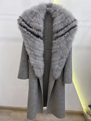 Long Wool Cashmere Blended  With Big Real Silver Fox Fur Collar Coat
