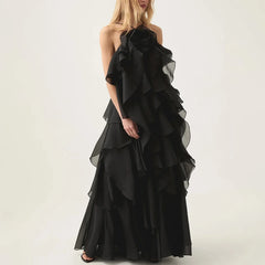 Solid Slimming Elegant Sleeveless Patchwork Ruffles High Waist Dress