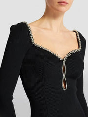 Square Collar Knit Black Rhinestone Trim Elegant Long Sleeve Mini Dress