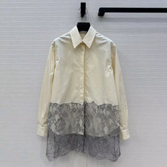 Loose Sweet Long Shirt Women Lapel Long Sleeve Lace Patchwork  Top
