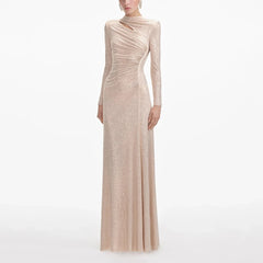 Rhinestone Pleated Round Neck Long Hollow Cut Dress