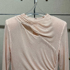 Rhinestone Pleated Round Neck Long Hollow Cut Dress