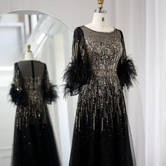 Luxury Feathers Black Half Sleeve Dress