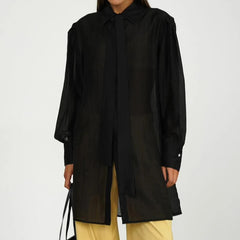 Loose Lapel Long Sleeve Shirt Elegant Classic Tie See Through Top