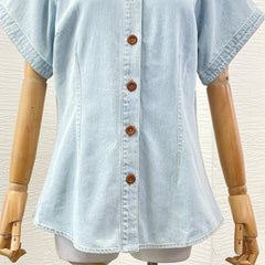 Blue Short Sleeve Jeans Denim Blouse Tops and Midi Skirt Set
