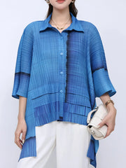 Solid Straight Grid Stand Collar Long Sleeve Patchwork Button Top