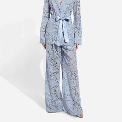 Two Piece Set Lapel Long Sleeves Spliced Single Breasted Top High Waist Patchwork Hollow Out Pant Set