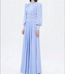 Classic Jersey Button Rhinestone A-line High Collar Long Dress