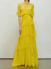 Chiffon  High Collar Short Sleeves Long A-Line Lace Dress