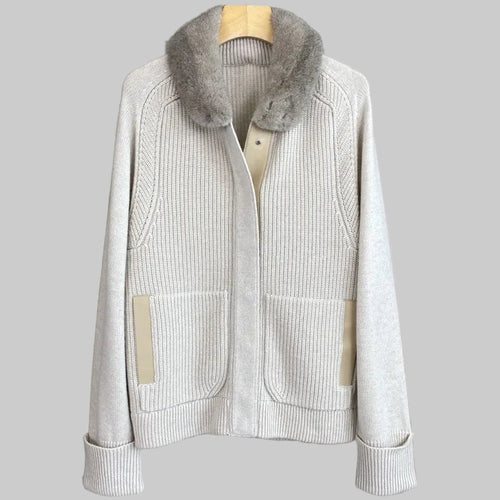 Mink Fur Collar Spliced Leather Cashmere Cardigan Jacket